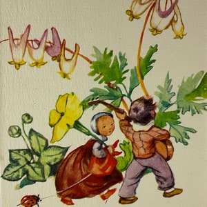 May include: A watercolor illustration of two children playing in a garden. The girl is wearing a red dress and a white bonnet. The boy is wearing a brown shirt and blue pants. They are surrounded by green leaves and pink flowers.