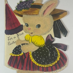 Fuzzy Flocked Elegantly Dressed Bunny Rabbit Vintage 1940s Unused Whitman Easter Greeting Card