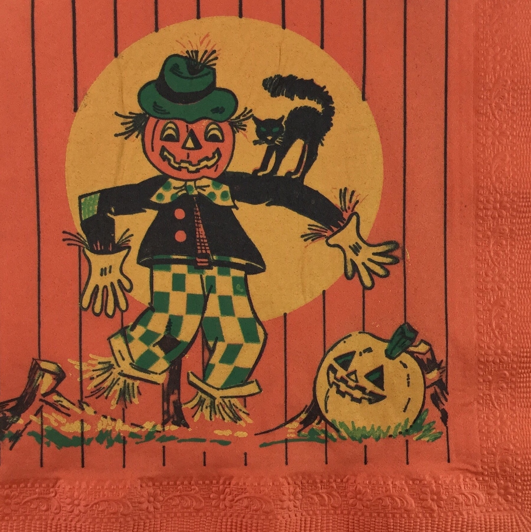 Black Kitty Cat Kitten & JOL Pumpkin Patchwork Pants Scarecrow Vintage ...
