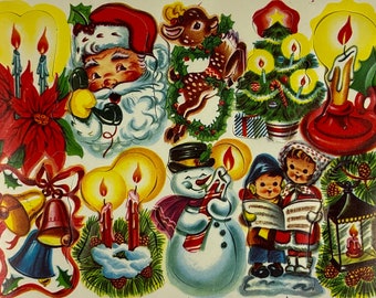 Complete Sheet of 10 Santa Reindeer Deer Snowman Bells Christmas Tree Vintage 1940 Xmas Seals Stickers