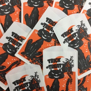 Lot of 3 Halloween Black Cat Kittens Vintage 1950s Unused Paper Trick or Treat Party Favor Candy Bags