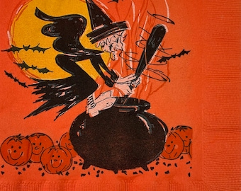 Green Eyes Black Cat Orange Stripe Halloween Vintage 1950s Unused Paper Napkin