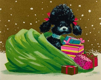 May include: A black poodle with pink bows peeking out of a green sack with colorful wrapped gifts. The background is a gold sparkly paper.