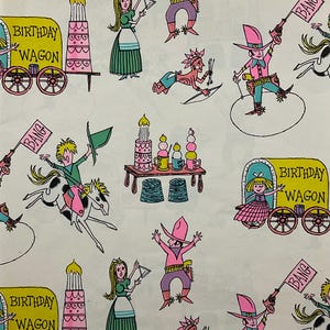 May include: Wrapping paper with a repeating pattern of colorful illustrations including yellow birthday wagons, pink cakes, and figures in western attire. The text BIRTHDAY WAGON and BANG appears throughout the design in black lettering.