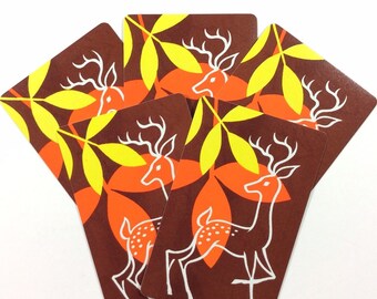 5 Art Deco Retro Reindeer Deer Orange & Yellow Leaves Vintage Playing Swap Cards