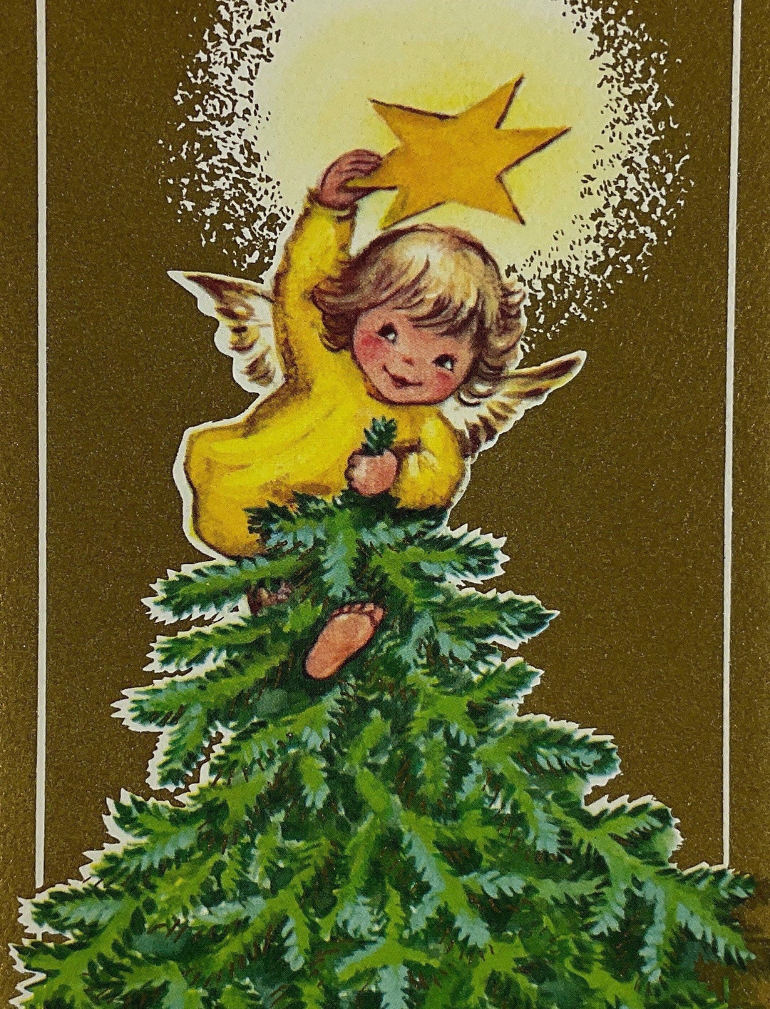 Decorating Xmas Tree Angel Catching Gold Star Vintage 1940s Unused Rust Craft Brownie Christmas