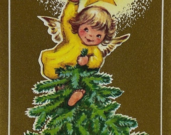 Decorating Xmas Tree Angel Catching Gold Star Vintage 1940s Unused Rust Craft Brownie Christmas Greeting Card