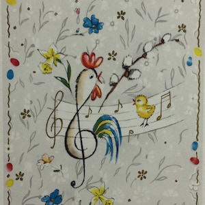 May include: A vintage Easter card with a rooster singing on a musical note, a yellow chick singing on a musical note, and a branch of pussy willows. The card has a gray background with a floral pattern and the text "Happy Easter!" at the top.