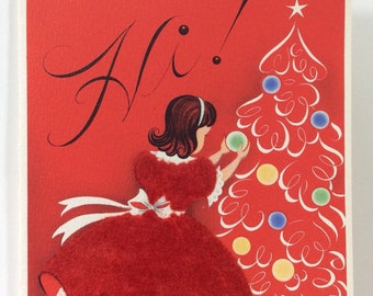 Fuzzy Flocked Red Dress Little Girl Hanging Ornaments On Tree Vintage 1950s Unused Christmas Greeting Card