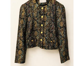 Vintage Michele Floral Tapestry Jacket Gold Button Brocade Multi Color Women M