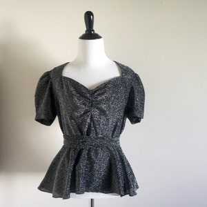 Women&#39;s Vintage Black and Silver Metallic Baby Doll Blouse with a Sweetheart Neckline and Tie / Size Medium