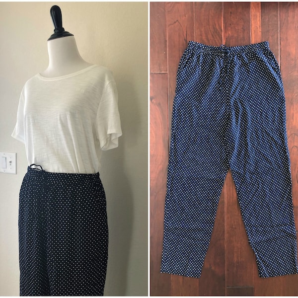 Vintage Navy Blue and White Polka Dot Casual Rayon Pants with Elastic Waist | Size 10 Medium