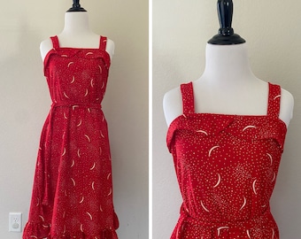 1970s Vintage Red Celestial Crescent Moon Sundress | Women’s Dress Size 2 XS