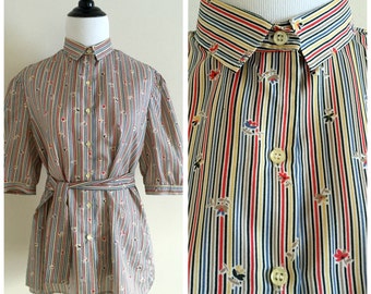 Gestreifte und florale mehrfarbige Vintage Kurzarm-Bluse, Kurzwaren Größe 12/14 Damen L