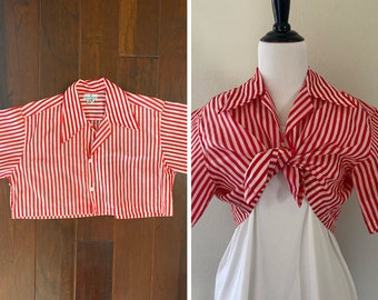 1960s Vintage Red and White Striped College Game Day Cropped Shirt | Wisconsin Badger Sporting Goods Co