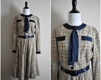1960's Vintage Plaid Shirtwaist Dress with Tie and Belt | Paule Nelson for I. Magnin & Co. | Casual Women's Size 6 Small | Blue and Tan