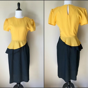 Navy Blue and Yellow Short Sleeve Dress with Ruffle, Vintage Vicky Vaughn Junior, Women's Small image 1