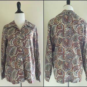 1970's Brown and Blue Paisley Sears Vintage Blouse / Women's Large