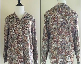 1970's Brown and Blue Paisley Sears Vintage Blouse / Women's Large