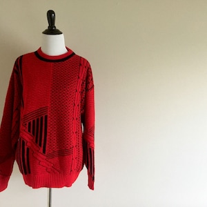 80er Jahre Rot Schwarzer Vintage Rundhals Pullover / Männer L / Frauen XL / Jondel