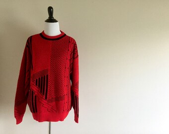 80er Jahre Rot Schwarzer Vintage Rundhals Pullover / Männer L / Frauen XL / Jondel