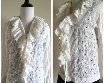 White Vintage Floral Boho Blouse with Fringe / Women's Small