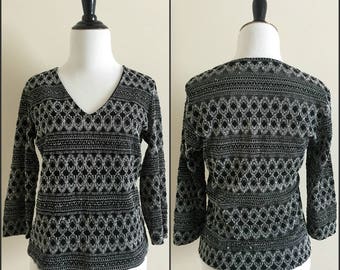 vintage Haut extensible noir et argent à col en V à manches 3/4 / Chemise A. Byer California