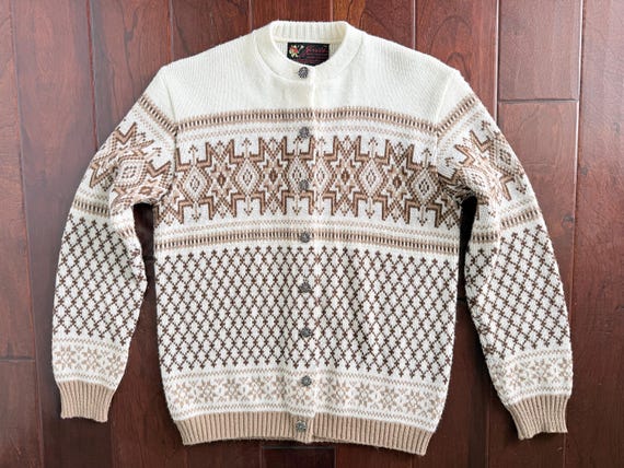 Vintage Jersild Nordic Knit Cardigan Sweater | Cream and Brown Fair Isle Ski Sweater | 100% DuPont Orlon Acrylic 40" Bust Medium / Large