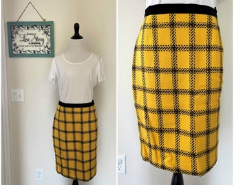 1980's Vintage Yellow and Brown Checkered Wool Pencil Skirt | Women's Size 10 Medium, Escada Made in Germany