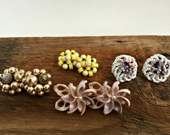 4 Pairs Vintage Clip On Earrings / Circle, Floral Shell, Beaded, Cluster / White, Yellow, Gold