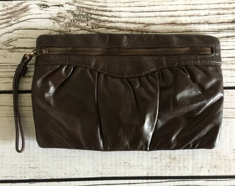 Dark Brown Faux Leather Vintage Letisse Clutch with Talon Zipper