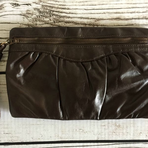 Dark Brown Faux Leather Vintage Letisse Clutch with Talon Zipper