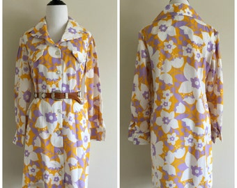 Robe droite vintage à fleurs jaune et violet verge d'or à manches 3/4, taille moyenne 10 pour femme