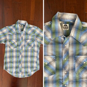 1970s Vintage Cowboy Shirt Mens Medium Womens Large Western Wear Blue & Green Plaid Short Sleeve Button Up image 1