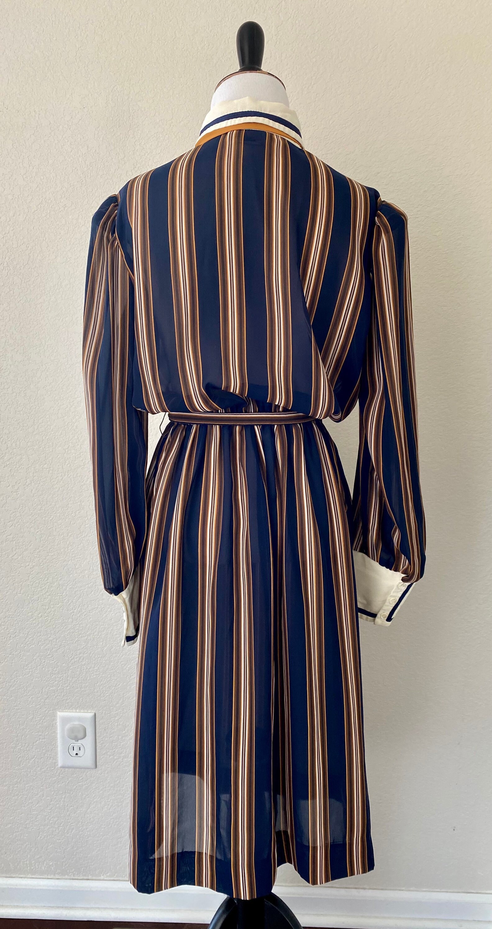 VINTAGE 60s 70s NAVY BLUE CREAM STRIPED ZIP-UP MOD FITTED SHIRT DRESS 10 12