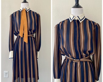 1970's Vintage Navy Blue and Brown Striped Shirtdress with Tie and Belt Women's Size 4 Small | Act I New York Dress