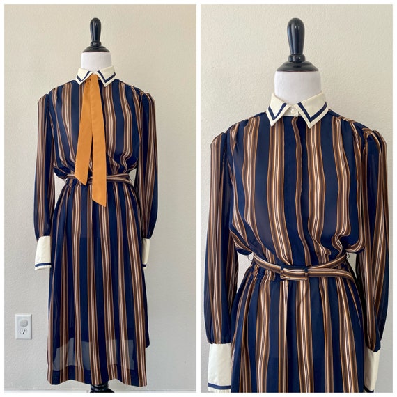 1970's Vintage Navy Blue and Brown Striped Shirtdress with Tie and Belt Women's Size 4 Small | ACT I New York Dress