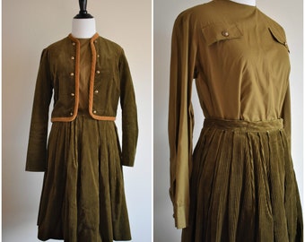 1950's Vintage 3 Piece Olive Green Jacket and Skirt Set | Reid & Reid Sportswear by Faye Robin | Women's Size 0 Small/XS