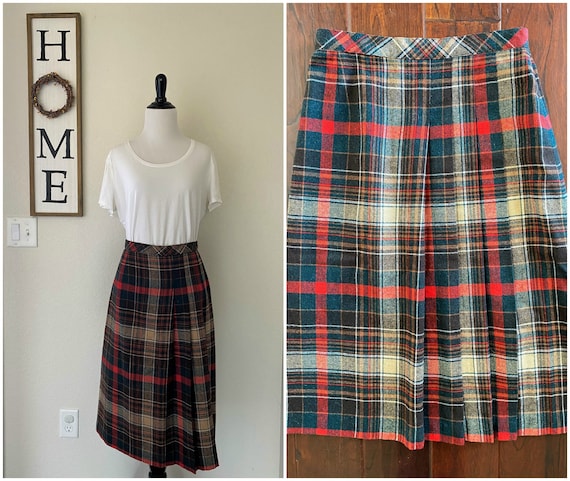 1970's Vintage Red Plaid A-Line Wool Blend Skirt … - image 1