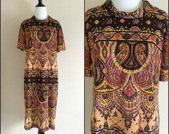 1960's Brown, Orange, and Tan Paisley Shift Dress / Vintage City Scene Dress / Large