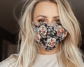 SUGAR SKULL Day of the death Face Mask washable, double layer, pocket for filter cotton