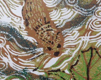 Otter Feeding Original Limited Edition Reduction Linocut Print Small Format Art
