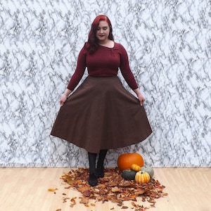 Handmade Brown Cotton Circle Skirt, Midi Length, Pockets, Fully Lined, Dark Brown Full Skirt Made To Order Can Be Made To Measure image 1