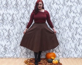 Handmade Brown Cotton Circle Skirt, Midi Length, Pockets, Fully Lined, Dark Brown Full Skirt - Made To Order - Can Be Made To Measure