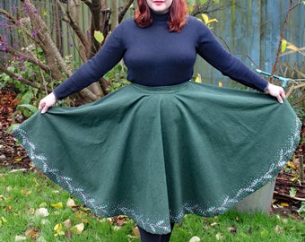 Holly Skirt, Christmas Skirt, Green Cotton Circle Skirt, Green Christmas Skirt, Hand Painted Holly Leaves, Handmade, Women's Full Skirt.