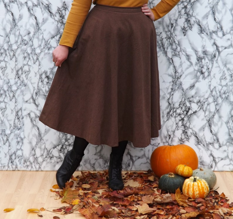 Handmade Brown Cotton Circle Skirt, Midi Length, Pockets, Fully Lined, Dark Brown Full Skirt Made To Order Can Be Made To Measure image 2