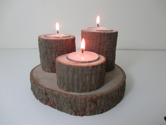 Natural Handmade Avocado Wood 3 Tea Light Triple Candle Holder