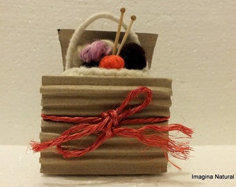 Cute Mini Yarn Basket with tiny Needles Knitted Ornament, Basket of Skeins, Knitting Basket