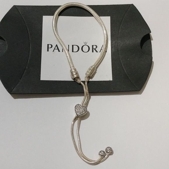 Pandora Moments Pavé Heart Clasp Snake Chain Slider Bracelet 11