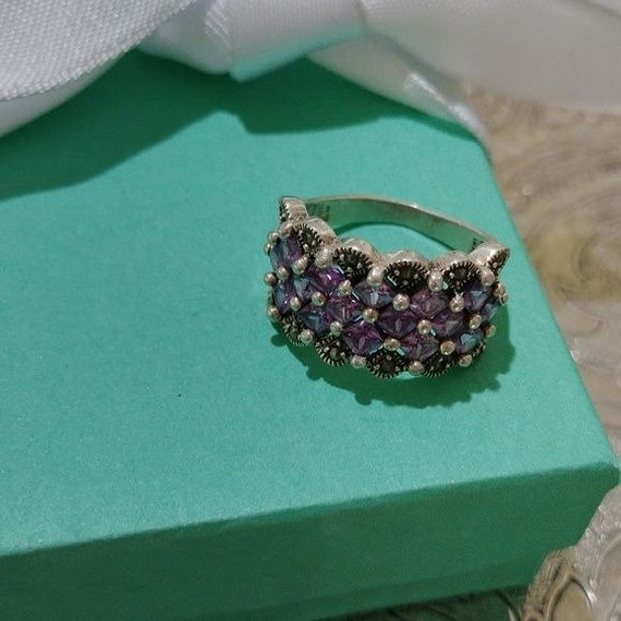 Sterling Silver, Amethyst + Marcasite Statement R… - image 1